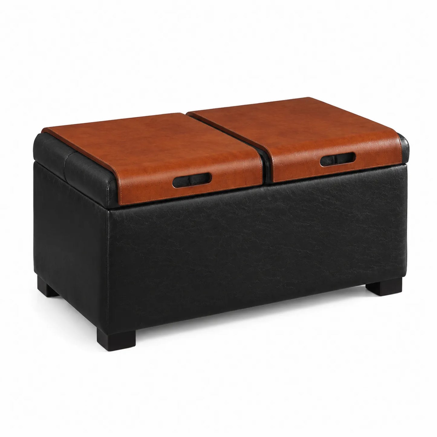 Pouf coffre en bois avec revêtement en cuir synthétique noir et marron