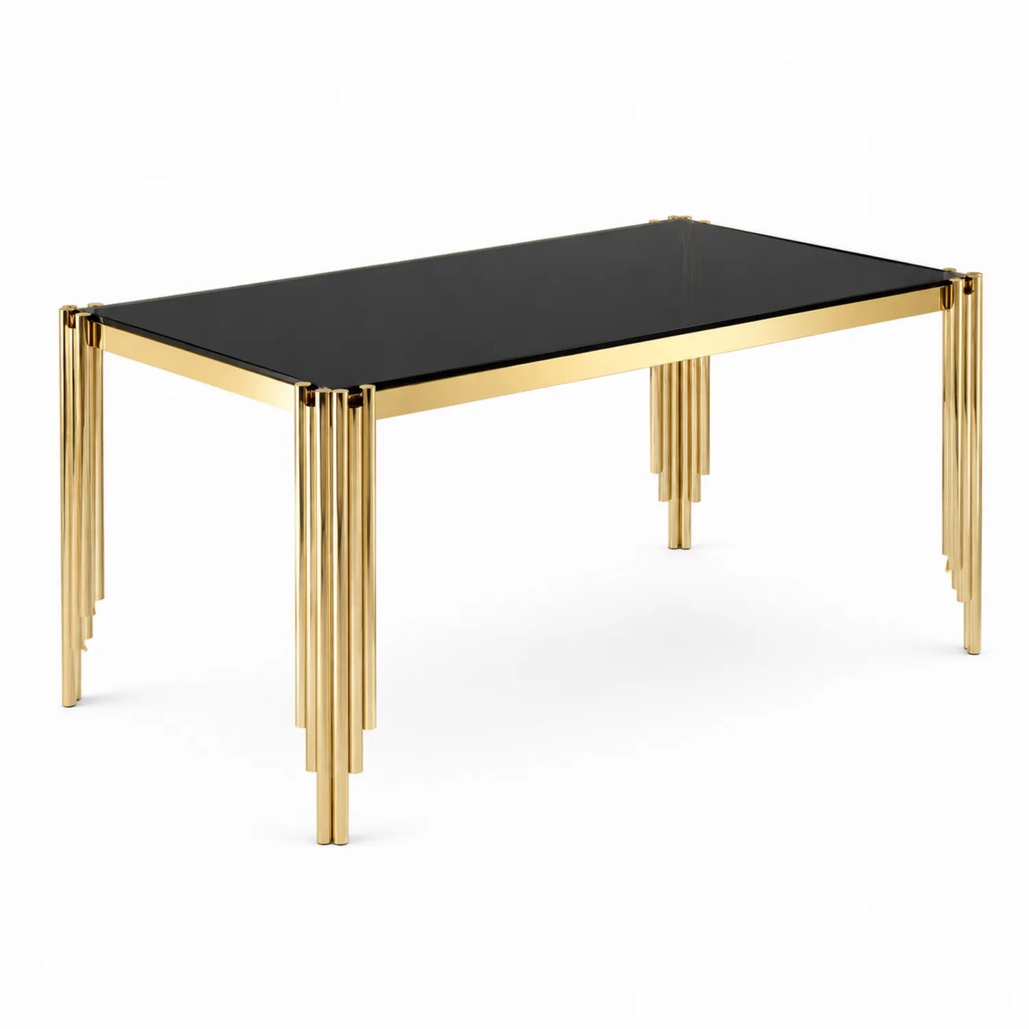 Table rectangulaire en verre trempé noir et métal doré 180x90 cm