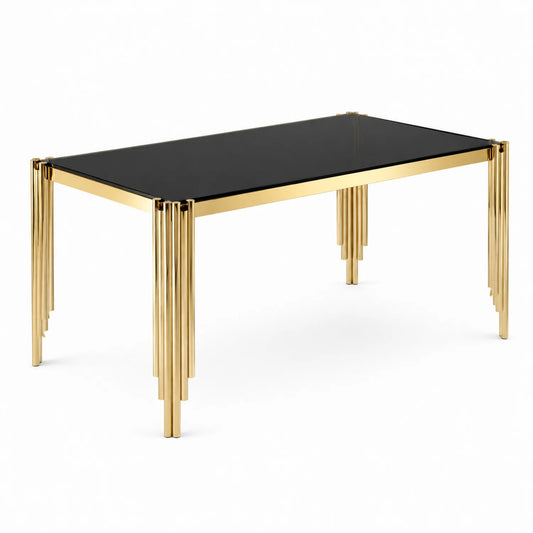 Table rectangulaire en verre trempé noir et métal doré 180x90 cm