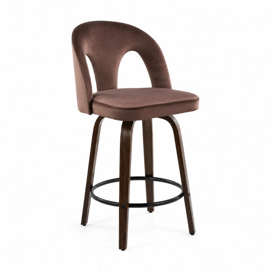 Tabouret de bar pivotant en velours avec pieds en bois et repose-pieds en métal