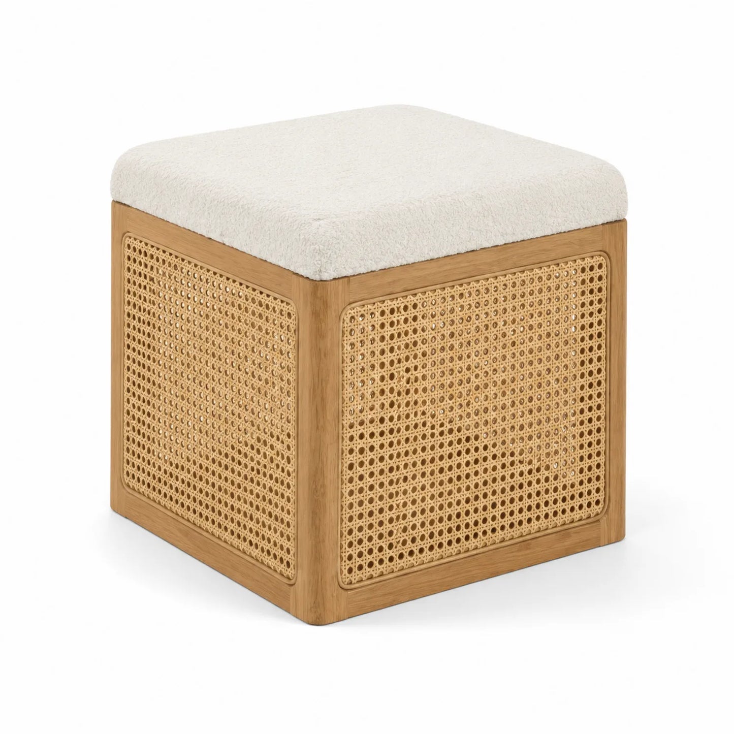 Pouf carré en rotin avec assise en tissu crème