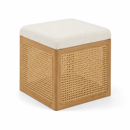 Pouf carré en rotin avec assise en tissu crème