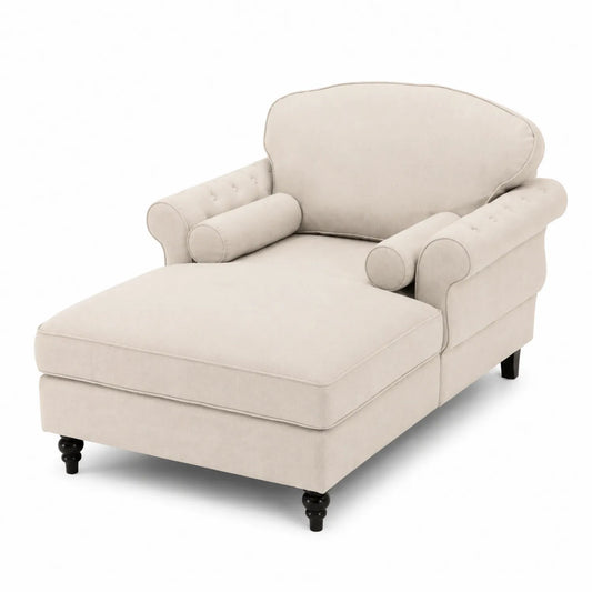 Chaise longue en tissu polyester beige avec pieds en bois