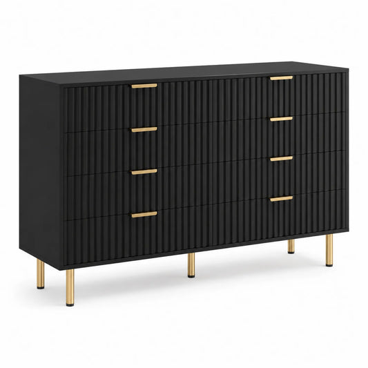 Commode Noir en MDF avec Poignées Dorées et Pieds Métalliques