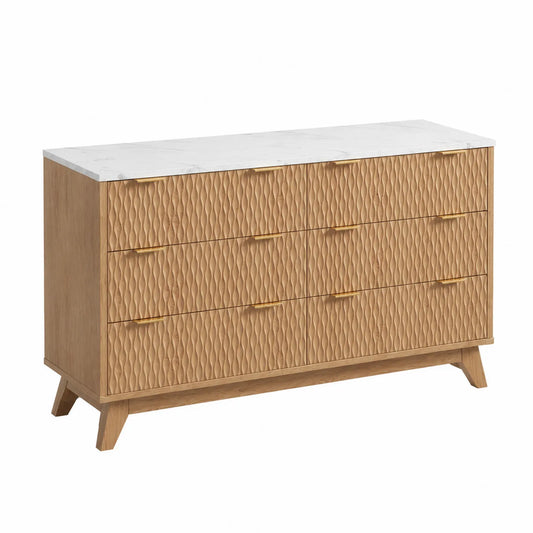Commode en bois avec plateau en marbre blanc, 6 tiroirs