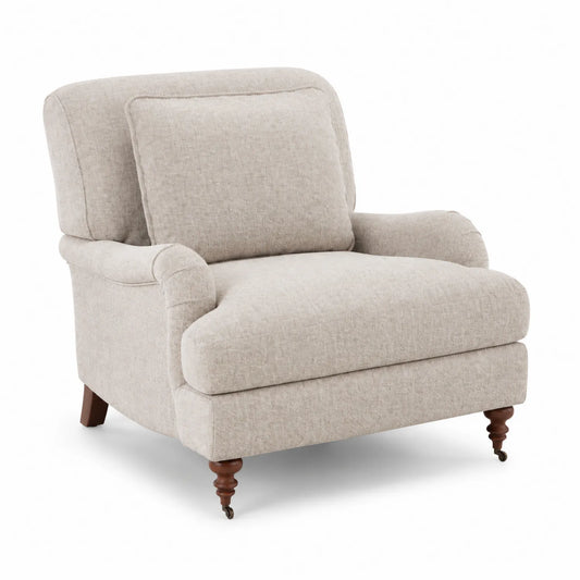 Fauteuil en tissu polyester beige avec pieds en bois